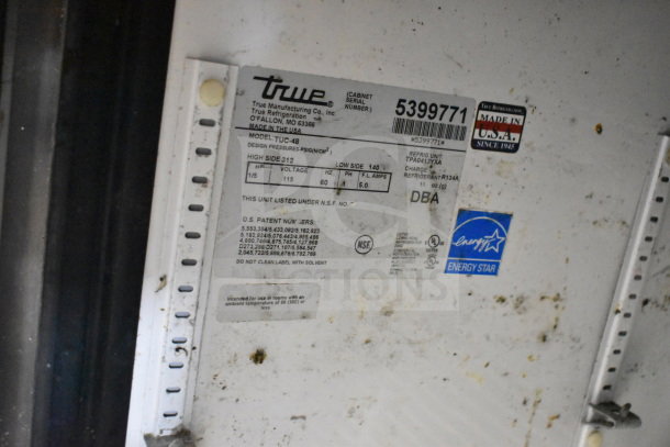 True TUC-48 undercounter cooler label shows model, 115V, 1 phase. Features Energy Star and NSF markings. Made in USA.