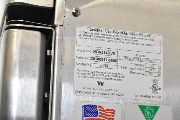 2018 Winston HOV514UVE CVap half-size reach-in holding cabinet, commercial casters, model and voltage labels visible.