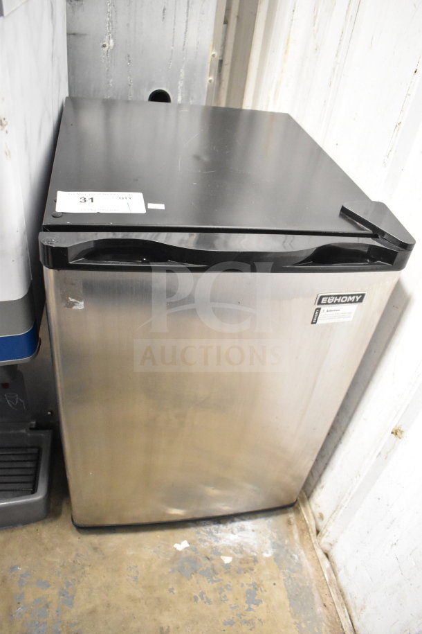 Euhomy MF-21-Y Mini Freezer, stainless steel, 115 volts, 1 phase, slight wear, auction label visible.