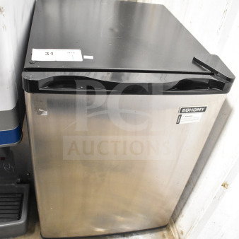 Euhomy MF-21-Y Mini Freezer, stainless steel, 115 volts, 1 phase, slight wear, auction label visible.
