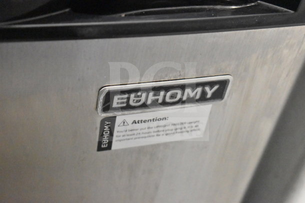 Euhomy MF-21-Y Mini Freezer, 115V, 1 Phase. Brand label and attention sticker visible, emphasizing proper setup.