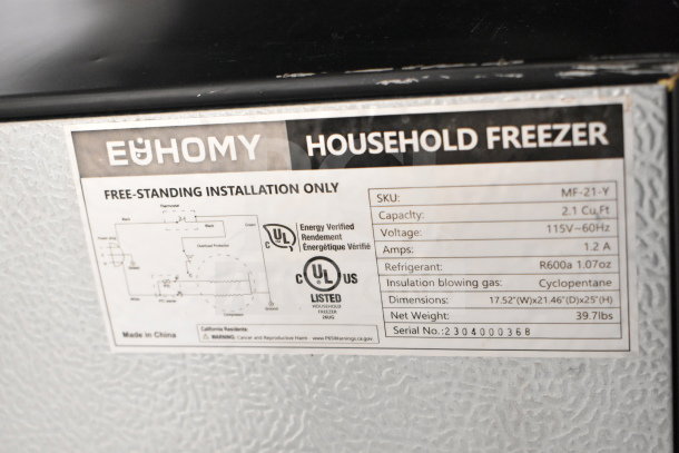 Euhomy MF-21-Y Mini Freezer label detailing model, capacity, voltage, refrigerant, and dimensions.