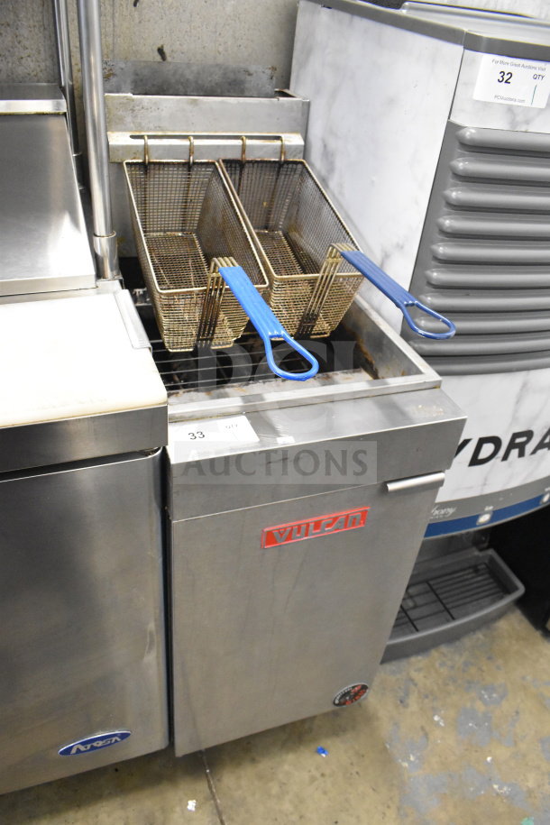 Vulcan LG400-1 commercial deep fat fryer, natural gas, 120,000 BTU, durable stainless steel, dual baskets, gently used condition.