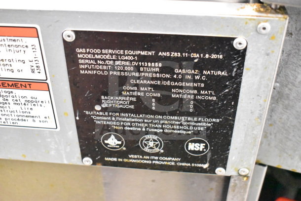 Vulcan LG400-1 commercial gas fryer, 120,000 BTU, model label with specifications, natural gas powered, NSF certified.