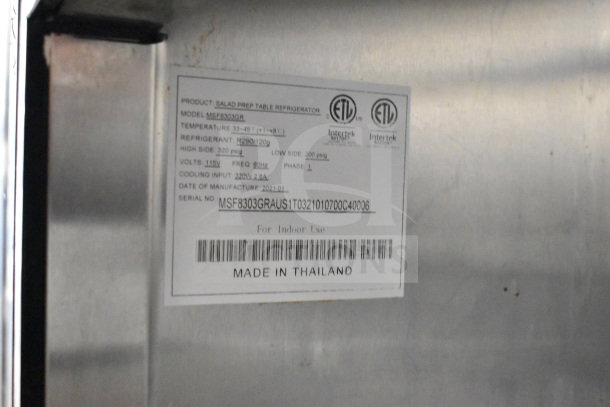 2021 Atosa MSF8303GR Prep Table label, 115V, 1 Phase, Made in Thailand. Serial MSF8303GRAUSTT0321010700C40006.
