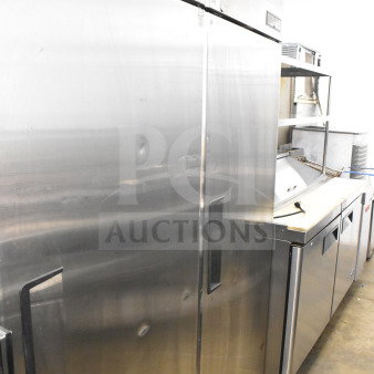 2021 Atosa MBF8004GR Commercial Single Door Reach-In Cooler with casters, 115V, 1 Phase, visible surface marks.