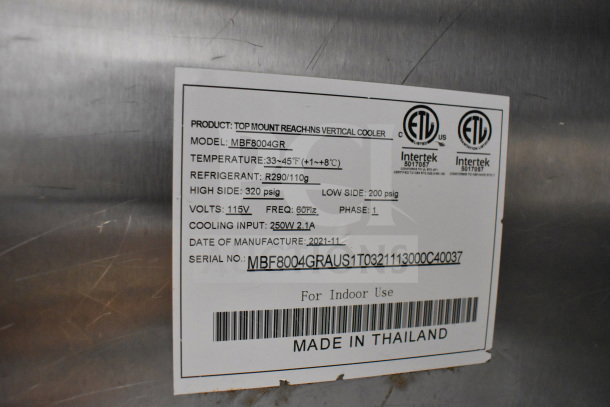 2021 Atosa MBF8004GR commercial cooler label details; 115V, 1 Phase, R290 refrigerant, 33-45°F range, made in Thailand.