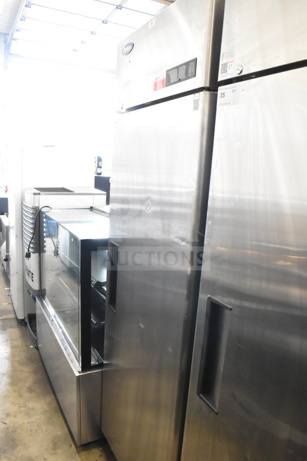 2021 Atosa MBF8004GR commercial cooler with single door, stainless steel finish, on casters, 115 volts, 1-phase, excellent condition.