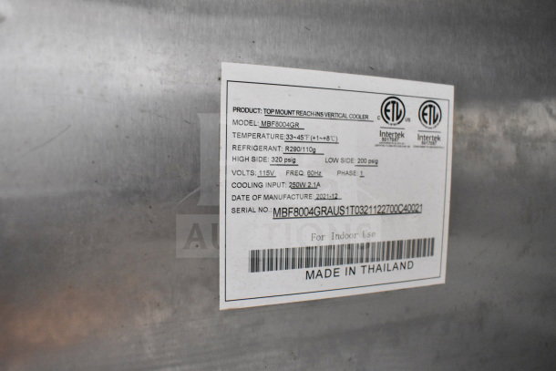 2021 Atosa MBF8004GR single door cooler on casters, 115V, 1 phase, label showing model, specs, and manufacture info.