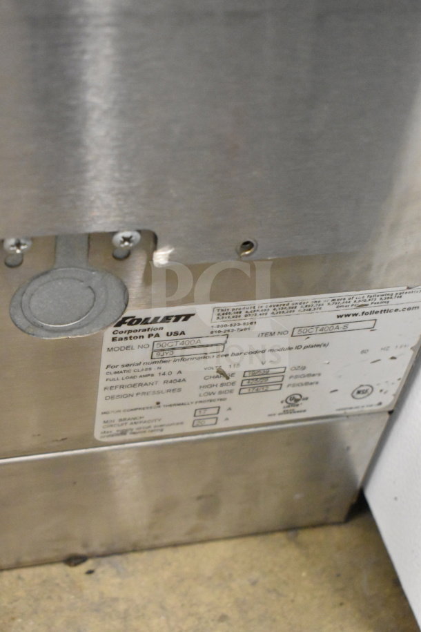 Follett 50CT400A Commercial Ice Machine with visible model label, nugget style, 115V, 1 phase, good condition.