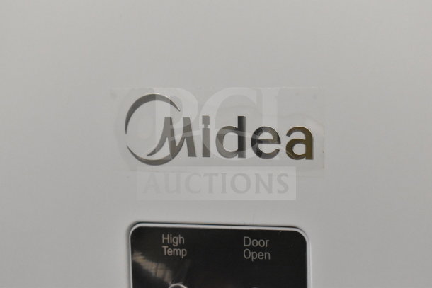 Midea Single Door Reach In refrigerator, 115 volts, 1 phase. Features Midea logo and control panel with high temp and door open indicators.