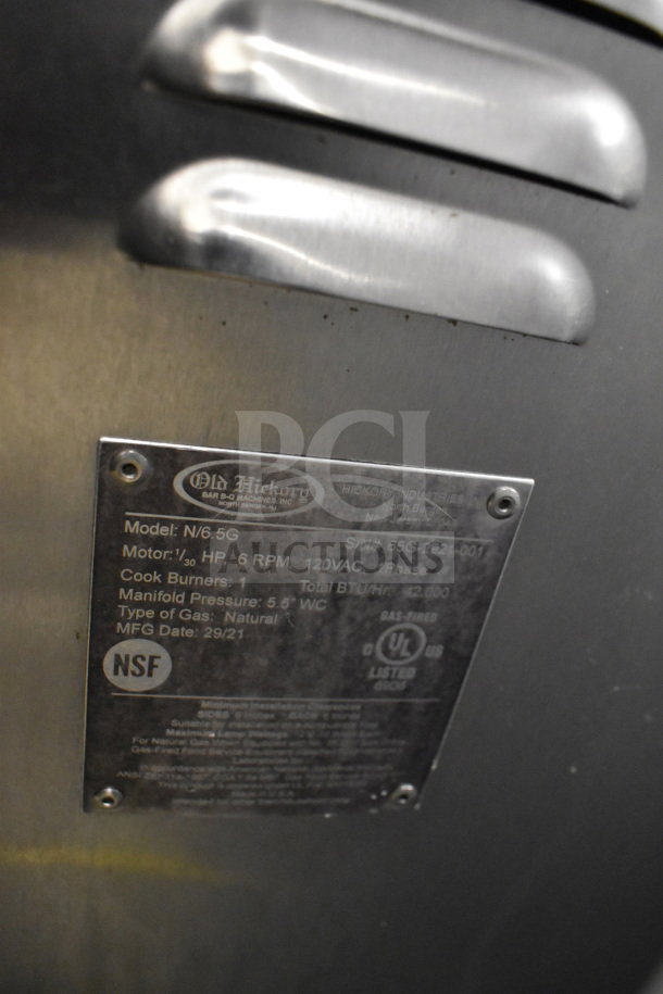 Old Hickory N/6.5G natural gas rotisserie oven with spits/skewers, NSF and UL listed, 1/30 HP motor, 6 RPM, 120VAC.