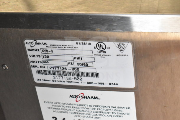 2018 Alto Shaam 1200-S heated holding cabinet label. Features include 120 volts, 1 phase, 960 watts. UL listed.