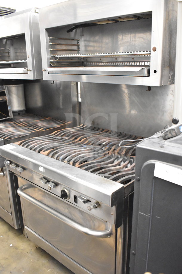 Jade Range commercial 6-burner gas range with salamander cheese melter, stainless steel, used, visible controls and grates.