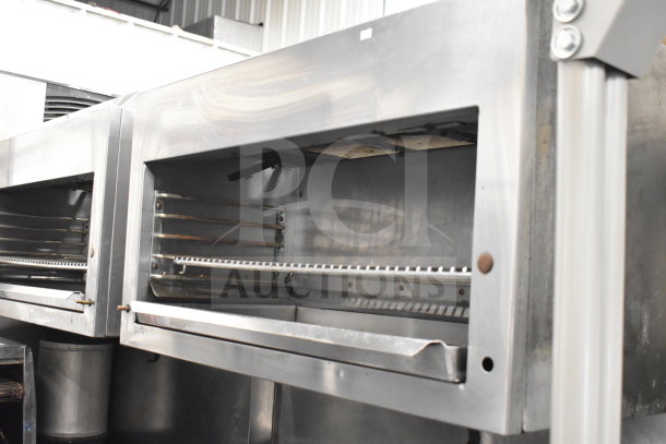 Jade Range gas-powered 6-burner commercial range with salamander cheese melter, stainless steel, good condition.