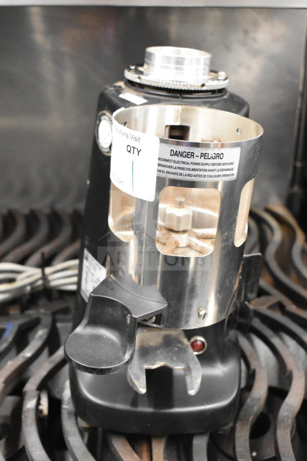 Mazzer Luigi Super Jolly Timer espresso grinder base, 120V, 1 phase, with visible safety and quantity labels, in used condition.
