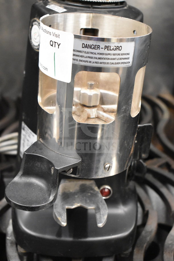 Mazzer Luigi Super Jolly Timer Espresso Grinder, black base, 120V, commercial use, visible safety labels, good condition.