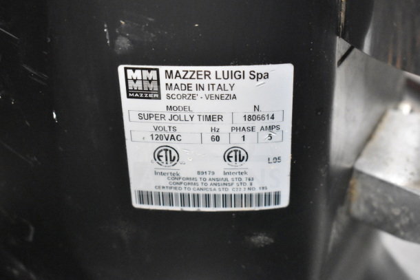 Mazzer Luigi Super Jolly Timer espresso grinder label showing model details, 120V, 1 phase, ETL certifications.