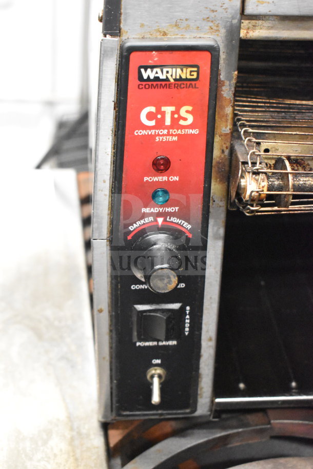 Waring CTS1000 Commercial Conveyor Toaster Oven, electric, 120V, 1 phase, visible wear, controls for power and heat.
