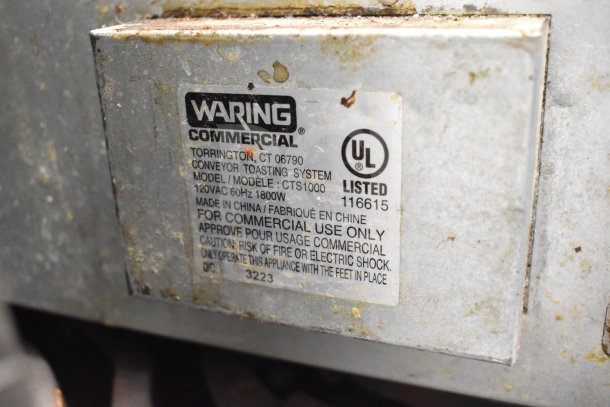 Waring CTS1000 conveyor toaster oven label, indicating 120V, 1800W, commercial use, UL listed for safety.