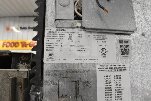 Manitowoc SD0452A Ice Head with SPA310 Dispenser, 115V, 1 Phase. Features model info and technical specifications label.
