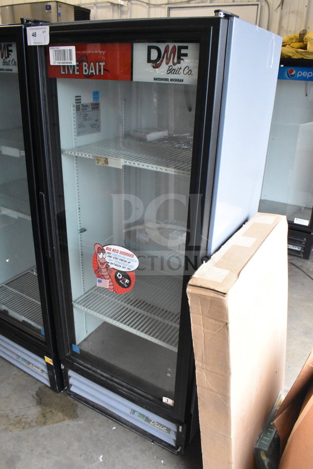 2017 True GDM-12-HC-LD cooler merchandiser, single glass door, 115V, labeled for bait, two shelves, used condition.