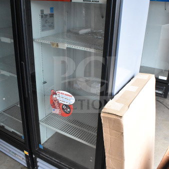 2017 True GDM-12-HC-LD cooler merchandiser, single glass door, 115V, labeled for bait, two shelves, used condition.