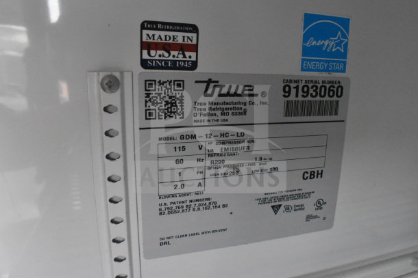 Label of 2017 True GDM-12-HC-LD commercial cooler, showing model, voltage, refrigerant, and Energy Star certification.