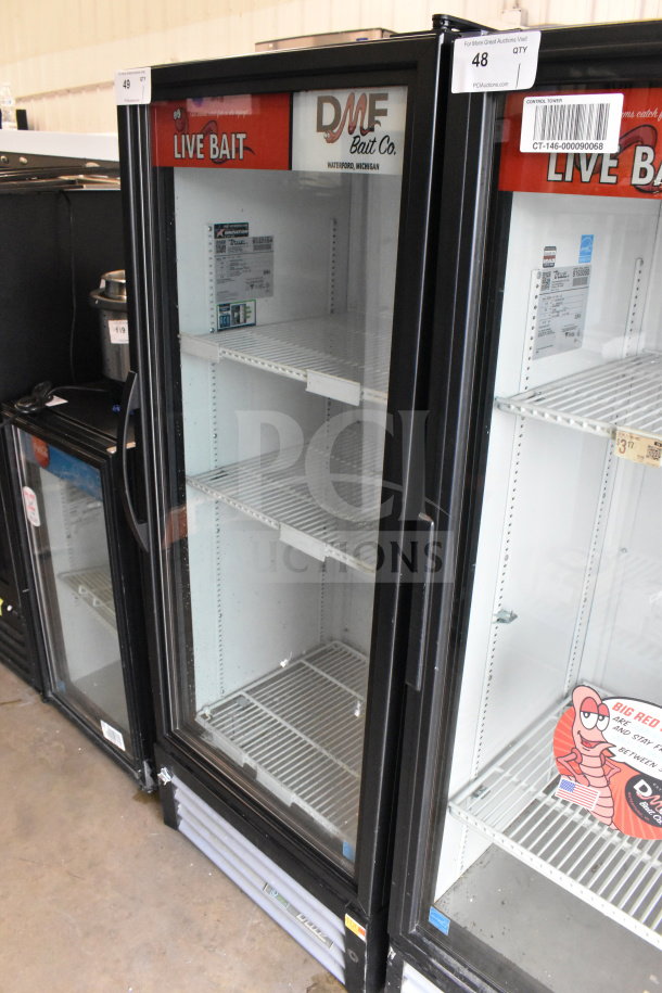 2020 True GDM-12-HC single door cooler, glass front, for merchandising, 115 volts, 1 phase, "Live Bait" graphics.