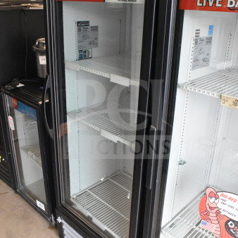 2020 True GDM-12-HC single door cooler, glass front, for merchandising, 115 volts, 1 phase, "Live Bait" graphics.