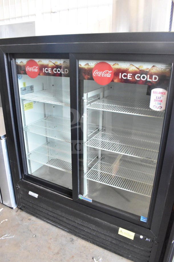 Imbera VRD41 commercial 2-door reach-in cooler, 115 volts, 1 phase, featuring glass doors, internal shelving, and branding stickers.