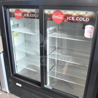 Imbera VRD41 commercial 2-door reach-in cooler, 115 volts, 1 phase, featuring glass doors, internal shelving, and branding stickers.