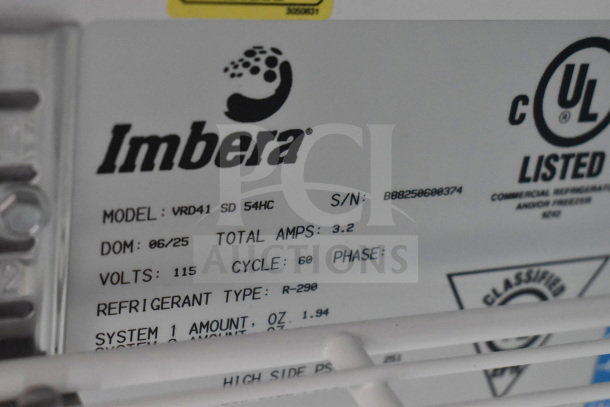 Imbera VRD41 commercial cooler model tag, 115 volts, 1 phase, total amps 3.2, refrigerant R-290, S/N B88250690374.