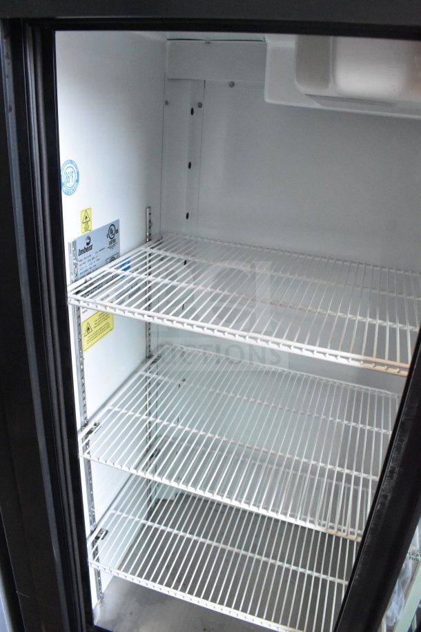 Imbera VRD41 Commercial 2 Door Reach In Cooler, 115 Volts, 1 Phase, clean interior, adjustable wire shelves, visible safety labels.