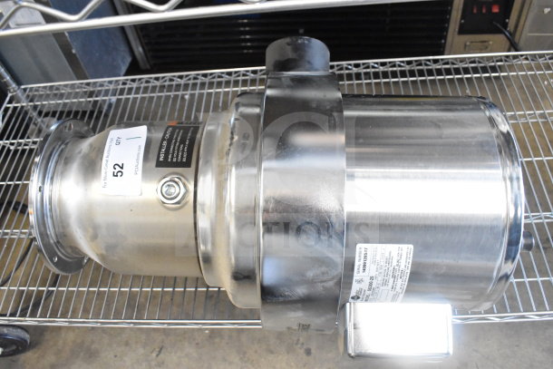 Insinkerator SS300-25 commercial garbage disposal, stainless steel, 208/230/460V 3-phase, tags and labels visible.