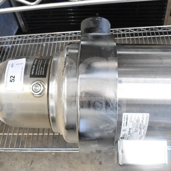 Insinkerator SS300-25 commercial garbage disposal, stainless steel, 208/230/460V 3-phase, tags and labels visible.