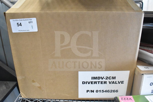 Cardboard box labeled "IMDV-2CM Diverter Valve," P/N 01546266, indicating new condition for auction.