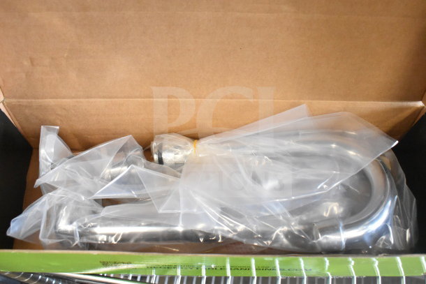 BRAND NEW SCRATCH AND DENT Regency wall mount faucet with 3.5" swivel gooseneck spout, 8" centers, sealed in box.