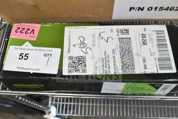 Brand new Regency wall mount faucet in box with 3.5" swivel gooseneck spout and 8" centers, minor scratches.