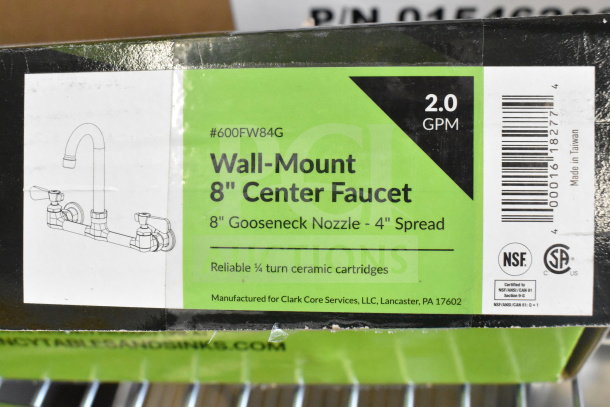 Regency wall mount faucet, model 600FW84G, with 3.5" swivel gooseneck spout and 8" centers. New, scratch and dent.