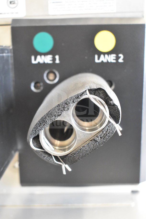 2024 Follett IMDV-2CM Diverter Valve, dual outlets, labeled lanes, new condition; labels indicate "Lane 1" and "Lane 2".
