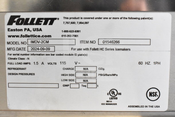2024 Follett IMDV-2CM Diverter Valve label; Model: IMDV-2CM, Mfg Date: 2024-09-09, Item No: 01546266, 115V, UL and NSF listed.
