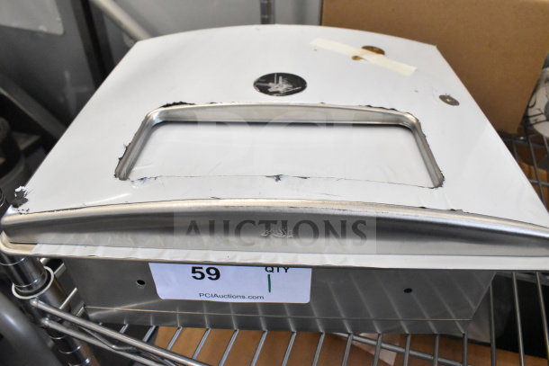 Brand new wall mount unit with scratches and dents. Features stainless steel with ASI branding. Auction tag indicates "59".