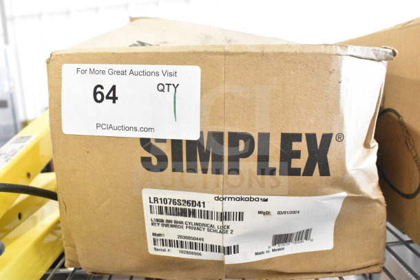 Brand new Simplex LR1076S26D41 mechanical pushbutton lever, entry/privacy lockout. Box shows minor scratches and dents.