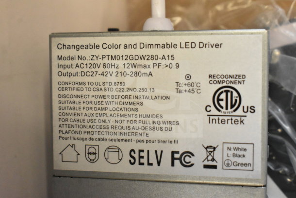 IN ORIGINAL BOX! ZY-PTM012GDW280-A15 LED driver, changeable color, dimmable, 12W max, certified, SELV and FCC listed.