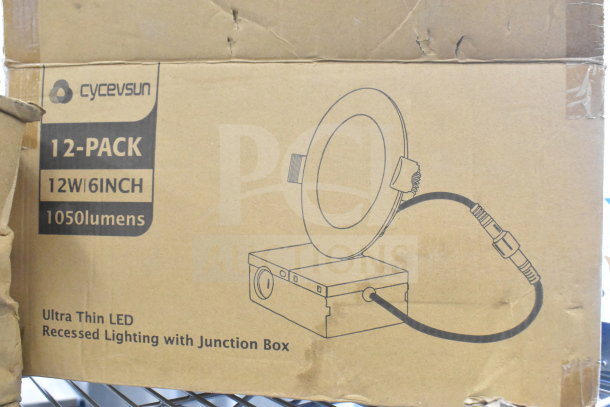 Box of Cycevsun 12-Pack 12W/6-Inch LED lights, 1050 lumens, features illustration of light and junction box.
