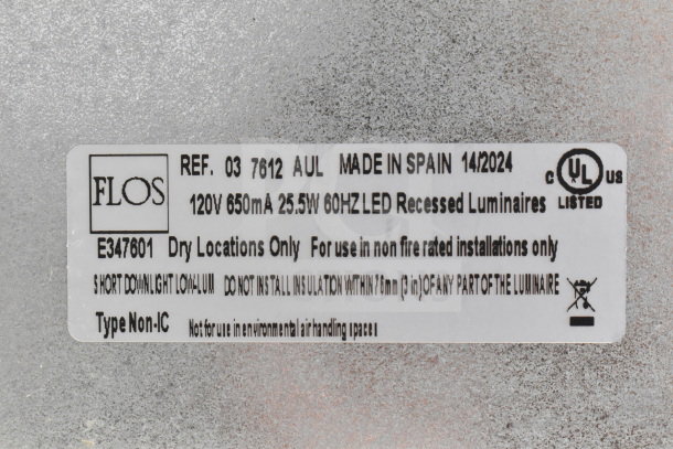 Flos E347601 Light Fixture label showing specs: 120V, 650mA, 25.5W, 60Hz LED, Made in Spain. UL listed, for dry locations only.