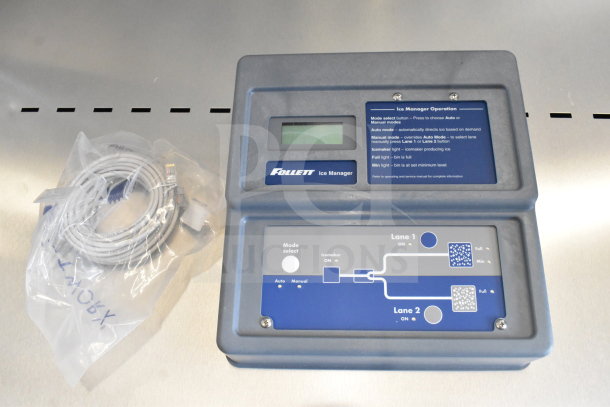 2024 Follett IMDV-2CM Ice Manager Diverter Valve, includes cables, features auto/manual modes, new condition, instructions visible.