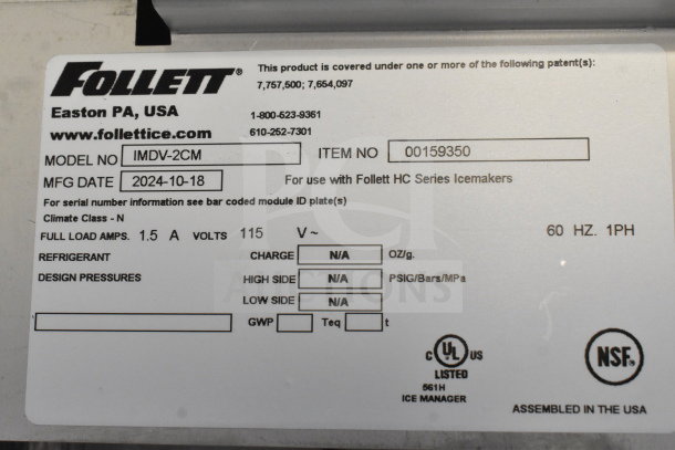 2024 Follett IMDV-2CM Ice Manager Diverter Valve label, shows model number, manufacture date, voltage, and certifications.