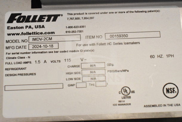 2024 Follett IMDV-2CM Ice Manager Diverter Valve; Model No: IMDV-2CM; Item No: 00159350; Mfg Date: 2024-10-18; 115V; 1.5A.